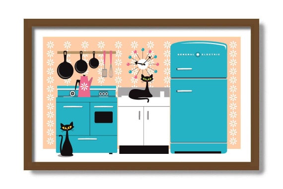 Mid Century Modern Art, Chef Gift, 11x17 Black Cat Art Print, Kitchen Wall Decor, Cat Lover Gift Idea, Cooking Utensils, Culinary Gift