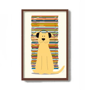Mid Century Modern Art Print Yellow Dog Lover Gift, Retro Sideboard, Yellow Lab, Vinyl Record Storage, Record Player Labrador Retriever