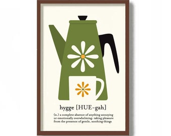 Hygge Gifts, Kitchen Art Print, Mid Century Modern Art, Norwegian Folk Art, Coffee Drinker Tea Pot Coffee Cup Wall Decor Scandinavian Design