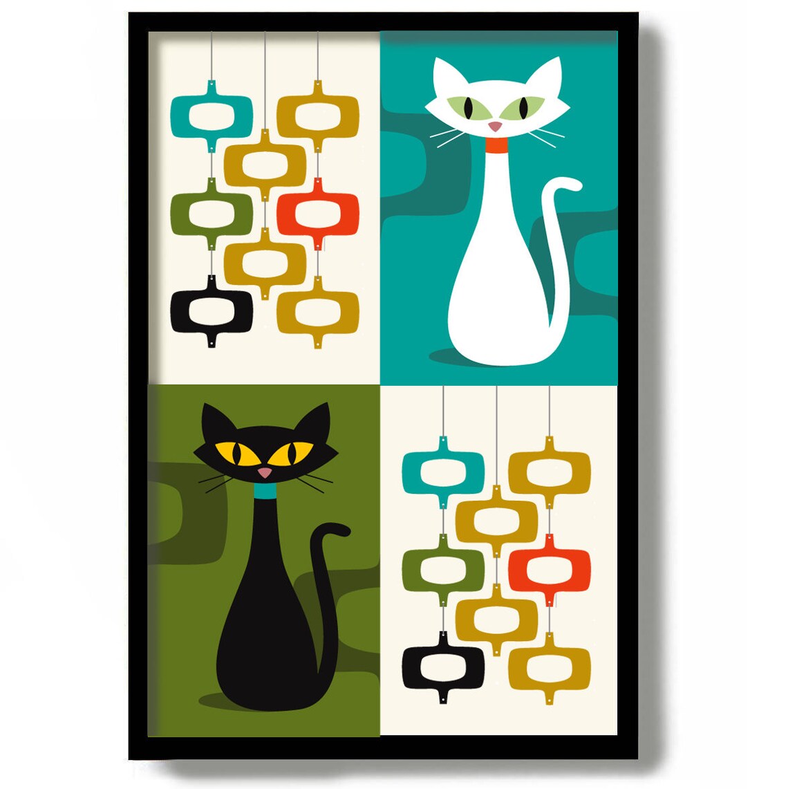 Mid Century Modern Black Cat Art Print MCM Wall Art White Etsy