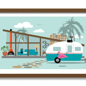 Mid Century Modern Art, Retro House Decor, Cat Lover Gift, Black Cat Art Print, Trailer Signs Mobile Home, White Cat Airstream Pink Flamingo