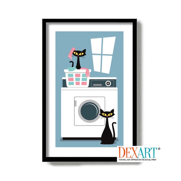 Cat Art Print, Laundry Room Decor, Mid Century Modern Wall Art, Laundry Sign, Black Cat Gift Idea, Cat Lover Gift, Laundry Basket