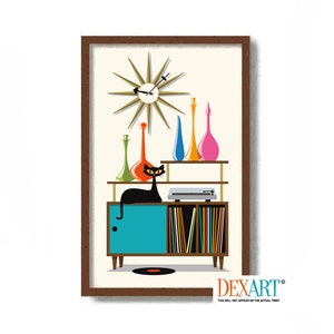 May include: A mid-century modern illustration of a black cat sitting on a turquoise cabinet with a record player and a shelf of colorful vases. A starburst clock hangs on the wall above the cabinet.
