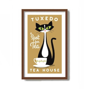 Tuxedo Cat, Cat Lover Gift, Kitchen Art Print, Mid Century Modern Art, Tea Drinker Gift, Tea Cup, Kitchen Wall Art, Tea Lover, Kitchen Decor