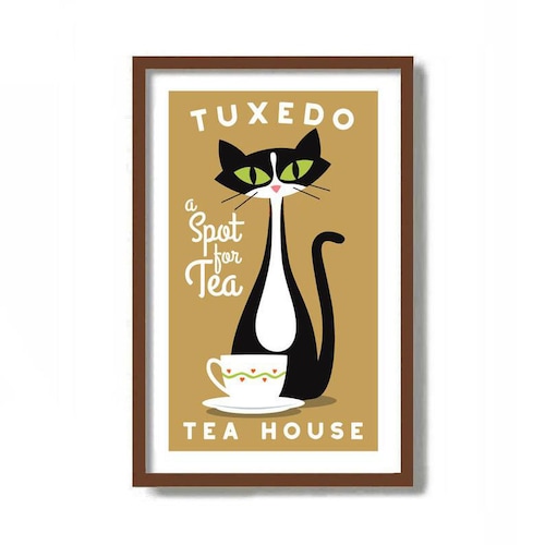 Chat smoking, cadeau pour amoureux des chats, impression d'art de cuisine, art moderne du milieu du siècle, cadeau buveur de thé, tasse à thé, art mural cuisine, amateur de thé, décoration de cuisine
