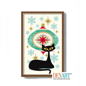 Mid Century Modern Cat Christmas Ornament Art Print, Secret Santa Gift for Women, Christmas Decor, Cat Lover Gift, Black Cat Print