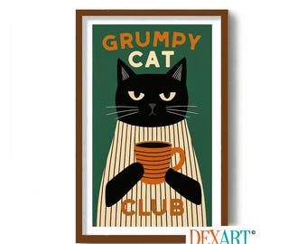 Grumpy Cat Club Coffee Wall Art Print, Bad Kitty, Mid Century Modern Atomic Cat Kitchen, Black Cat Wall Decor, Coffee Lover Gift, DexMex