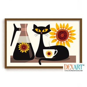 Mid Century Modern Cat and Kitchen Art Print, Sunflower Decor Wall Art, Black Cat, Coffee Lover Gift, Retro Coffee Pot, Atomic DexMex