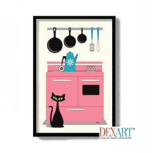 Mid Century Modern Wall Art, Retro Kitchen Art Print, Black Cat Art Print, Black Cat Gift Idea, Cat Lover Gift, Vintage Stove, Baking Gifts