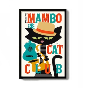 Black Cat Print, Mambo Music, Mid Century Wall Art, Black Cat Gift Idea, Cat Lover Gift, Musicians Wall Art, Jazz Poster, Spanish Decor