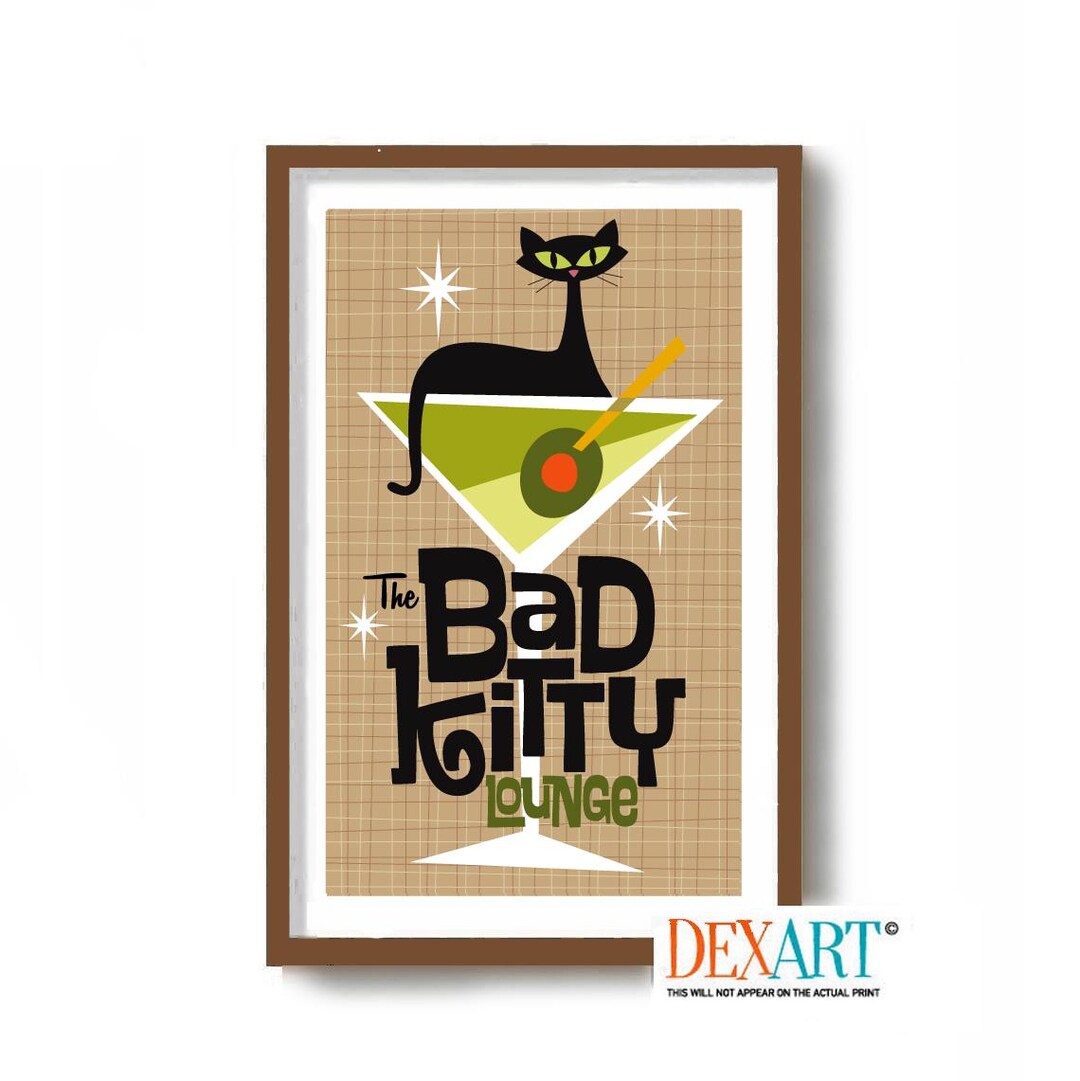 Mid Century Modern Atomic Cocktail Bar Wall Art Print, Black Cat Art ...