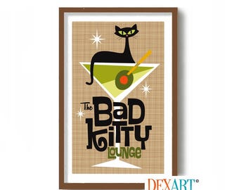 Mid Century Modern Atomic Cocktail Bar Wall Art Print, Black Cat Art Print, Martini Glass, Bartender Gift, Cat Lover Gift, Alcohol Wall Art