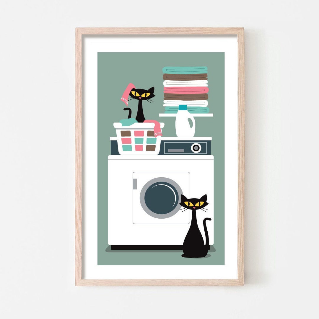 Laundry Room Decor Cat Art Print, Mid Century Modern Wall Art, Laundry ...