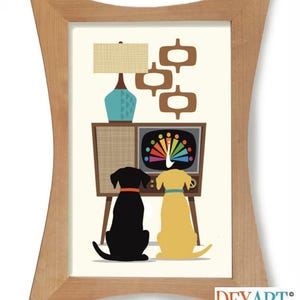 Mid Century Modern Dog Wall Art Print, Man Cave Decor, Black Lab, Golden Retriever, Vintage TV,  Labrador Retriever Dog Lover Gift