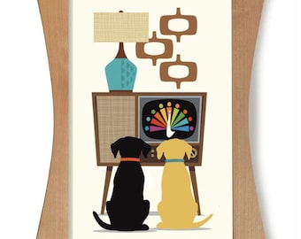 Mid Century Modern Dog Wall Art Print, Man Cave Decor, Black Lab, Golden Retriever, Vintage TV,  Labrador Retriever Dog Lover Gift