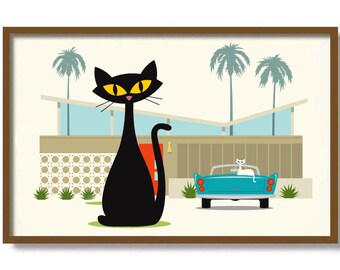 Mid Century Modern Art Print, Retro House Decor, Cat Lover Gift, Black Cat Art Print, Contemporary Home, White Cat Wall Art, 50s Home