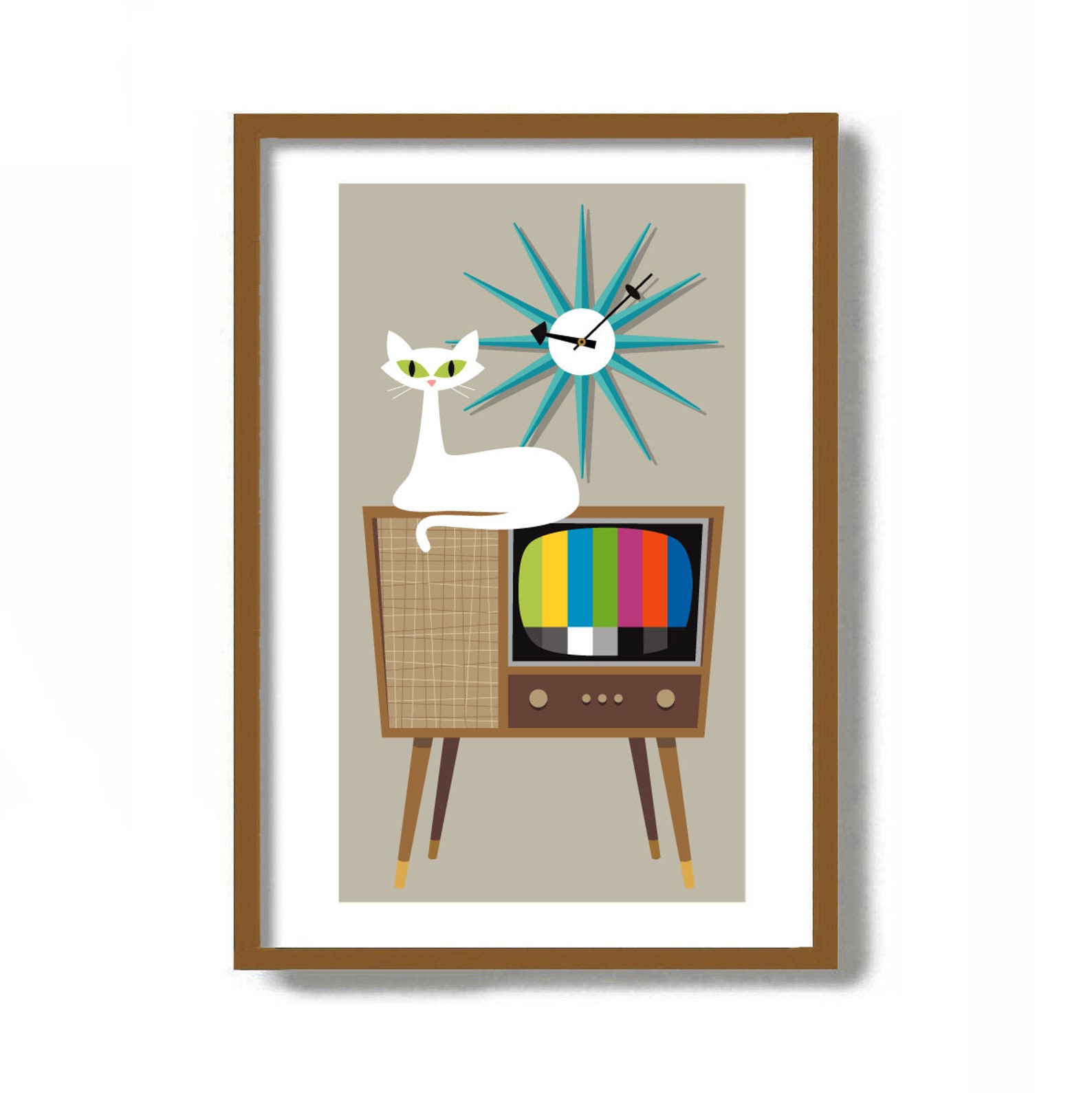 Mid Century Modern Wall Art White Cat Art Print Old Etsy