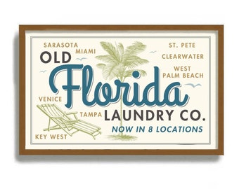 Florida Art Print, Laundry Room Decor, Vintage Bicycle, Palm Tree, Washing Machine, Florida Style, Laundry Sign, Wall Decor, Florida Decor