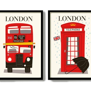 British Decor English Art Gift Idea, London Wall Art, Bar Sign, Sherlock Holmes, Double Decker Bus Pub Decor Phone Booth Great Britain UK