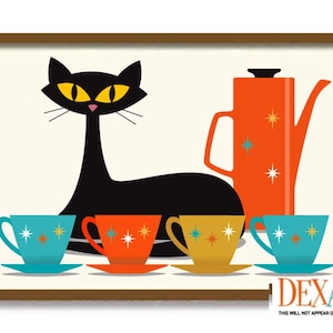 Retro Cat Poster, Mid Century Modern Cat and Kitchen Art Print, Wall Art, Coffee Cups, Black Cat Lover Gift, Atomic Star Decor