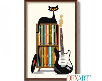 Rock Music Cat Poster, Mid Century Modern Print, Black Cat Art Print, Guitar Player Gift, Vinyl Record Storage, Record Player, Vinyl LP