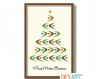 Mid Century Modern Christmas Art Print, Atomic Boomerang Christmas Tree, Holiday Tree Ornaments, Retro Ornaments, Palm Springs Wall Decor