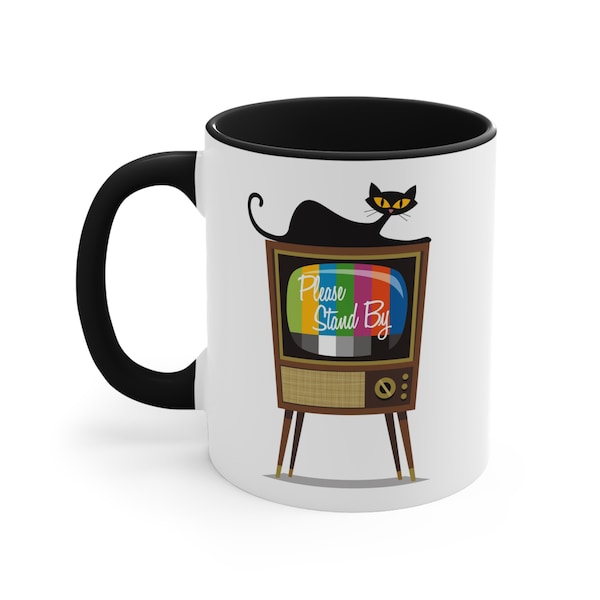 Mid Century Modern Cat TV Mug, Coffee Mug, Black Cat, 11oz Cup, TV Watcher, Old TV Show, Please Stand By