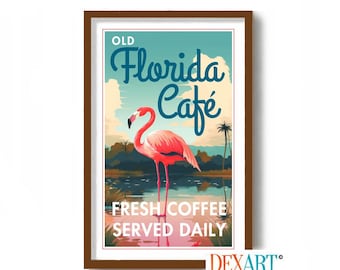 Flamingo Decor, Kitchen Wall Art Print, Mid Century Modern, Retro Cafe Sign, Atomic Art, Coastal Decor, Vintage Restaurant Diner Signage