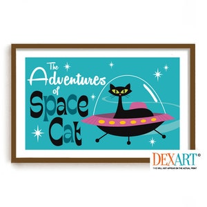 Atomic Space Cat, Mid Century Modern Art, Roswell UFO, Flying Saucer, Sci Fi Art, Black Cat Art Print, Science Fiction TV, Southwest Decor