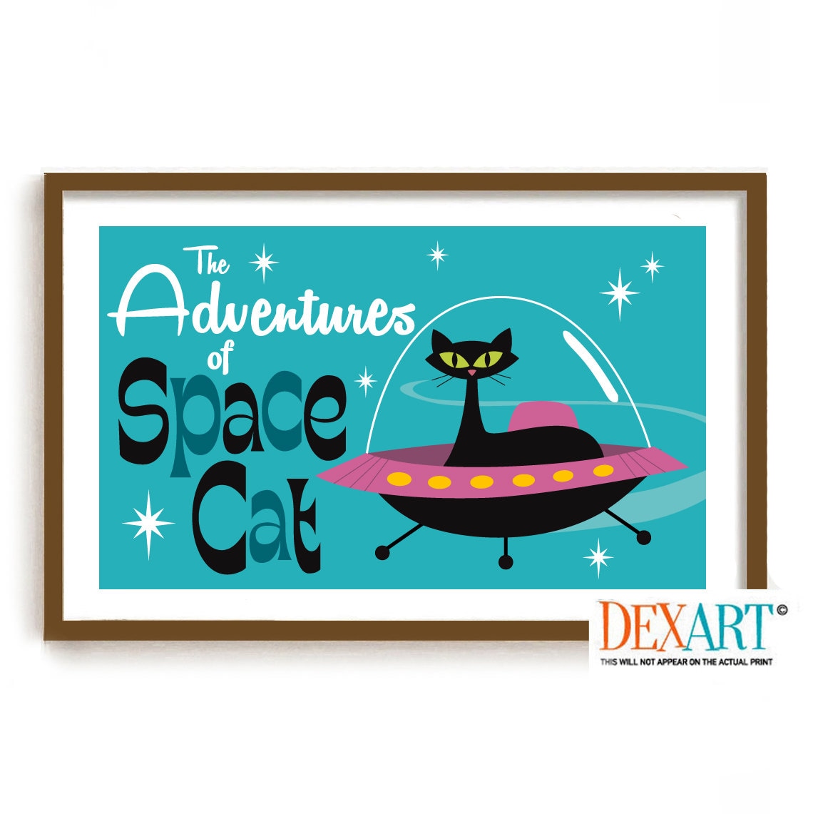 Atomic Space Cat, Mid Century Modern Art, Roswell UFO, Flying Saucer, Sci Fi Art, Black Cat Art Print, Science Fiction TV, Southwest Decor