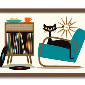 Mid Century Modern Art, Record Player Stand, Black Cat Art Print, Cat Poster, Cat Lover Gift, Vinyl Record Storage, Retro Record Player