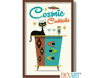 Mid Century Modern Atomic Cocktail Bar Wall Art, Black Cat Art Print, UFO Spaceship, Bartender Gift, Cat Lover Gift, Cocktail Shaker