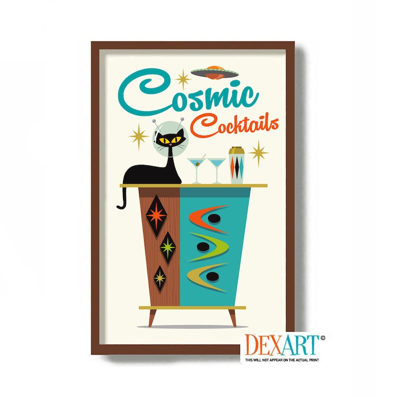 Mid Century Modern Atomic Cocktail Bar Wall Art, Black Cat Art Print ...