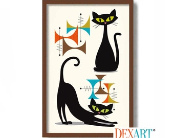 Mid Century Modern Art Print, Atomic Cat Wall Art, Cat Lover Gift, Modernist Wall Decor, Black Cat Art, Danish Modern