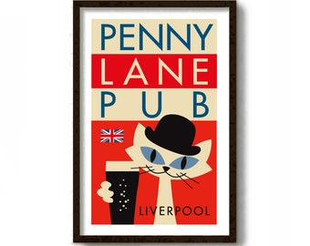 Penny Lane, Cat Lover Gift, Mid Century Modern Wall Art, English Beer, Liverpool Print, London England, English Pub Decor