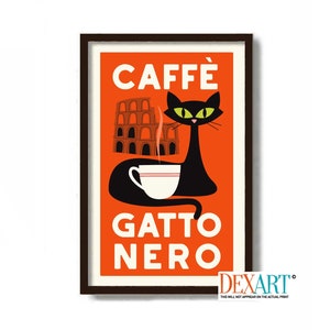 Black Cat Art, Italian Cafe Sign, Mid Century Modern Wall Art, Cat Lover Gift, Coffee Sign, Kitchen Art Print, Rome Italy, Coffee Poster