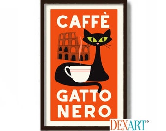 Black Cat Art, Italian Cafe Sign, Mid Century Modern Wall Art, Cat Lover Gift, Coffee Sign, Kitchen Art Print, Rome Italy, Coffee Poster