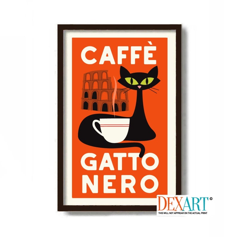 May include: A vintage-style poster with an orange background featuring a black cat with green eyes sitting next to a cup of coffee. The poster says "Caffe Gatto Nero" in black text.