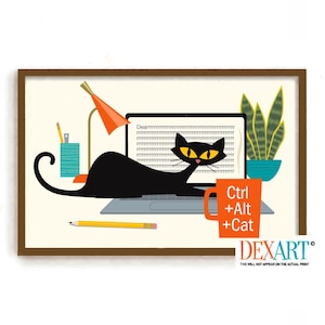 May include: A framed print featuring a black cat lounging on a laptop. The cat has yellow eyes and is positioned in front of a screen displaying text. An orange mug with "Ctrl + Alt + Cat" is on the right. A desk lamp and pencil are also visible.