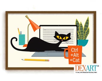 Lámina artística de gato gracioso, decoración para la oficina en casa, gato informático, arte moderno de mediados de siglo, regalo para amantes de los gatos negros, trabajo desde casa, oficinista