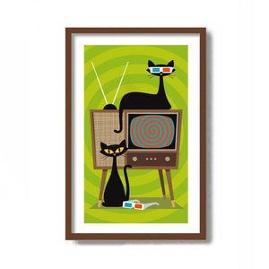 Impression d'art chat noir, lunettes 3D, télévision vintage, décor moderne du milieu du siècle, salon art mural, cadeau pour amoureux des chats, salle de divertissement TV rétro