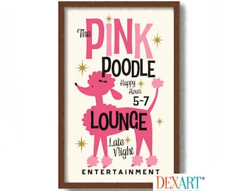 May include: A pink poodle illustration with the text "The Pink Poodle Lounge" and "Happy Hour 5-7 Late Night Entertainment".