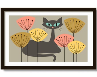 Cat Lover Gift, Mid Century Modern Art, Floral Print, Danish Modern, Living Room Wall Art, Atomic Art, Crazy Cat Lady, Tulip Art