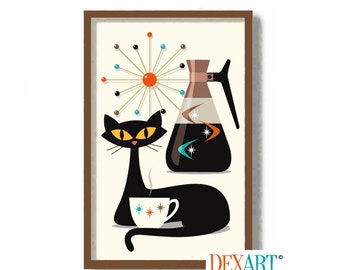 Peut inclure: Une illustration moderne du milieu du siècle d'un chat noir aux yeux jaunes assis à côté d'une tasse de café. Le chat est devant une cafetière et un mobile rétro de style atomique.