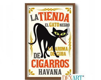 Cigar Art Print, Cigar Gifts, Black Cat, Cigar Poster, Key West Florida, Cat Lover Gift for Man, Cigar Smoker, Poker Room, Man Cave Wall Art