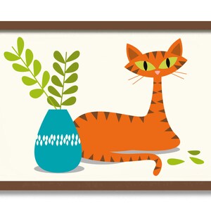 Mid Century Modern Art, Orange Tabby Cat Art, Cat Lover Gift Wall Art, Eucalyptus Plant, Contemporary Design, Cat Poster Art Print Decor