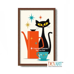 May include: Mid-century modern art print featuring a black cat, a red teapot, and a blue teacup on a white background with gold and turquoise stars. The text "Copyright Protected Not On Print" is included in the image.