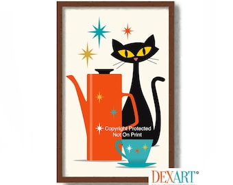 Retro Cat Poster, Mid Century Modern Cat and Kitchen Art Print, Wall Art, Coffee Cups, Black Cat Lover Gift, Atomic Star Decor