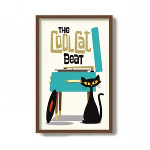 May include: A vintage-style illustration of a turquoise record player with a black cat sitting in front of it. The text "The Cool Cat Beat" is written in gold letters above the record player.