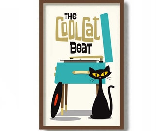 Old Record Player, Rock Music Poster, Mid Century Modern Art, Black Cat Art Print, Vinyl Record Storage, Cat Lover Gift Vinyl LP